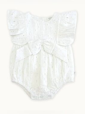 Luna Schiffli Floral Ruffle & Bow Baby Girl Romper (Organic) (Size: 12-18M)
